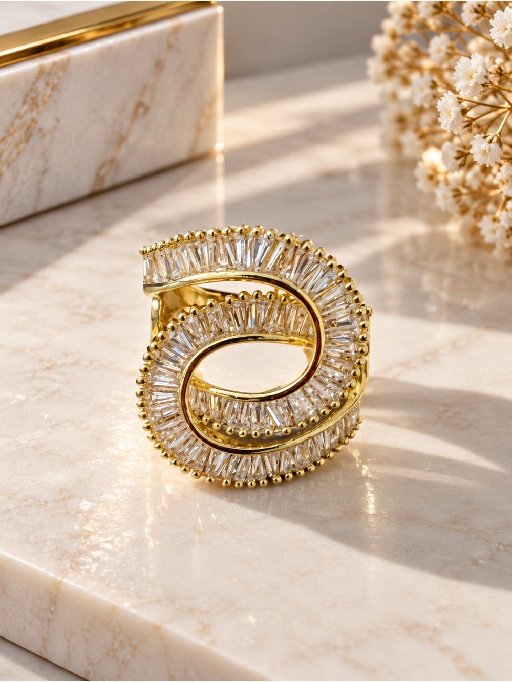 Gold filled Adjustable  Crystal Spiral Statement Ring - Women Jewelry